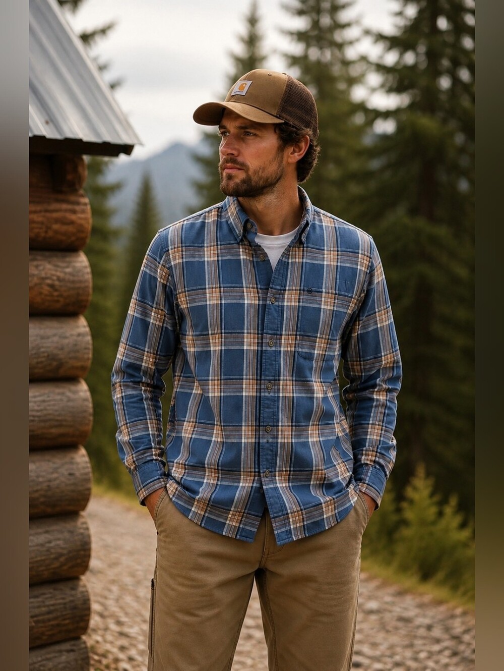 Carhartt Shirt Mens Medium Blue Plaid  Long Sleeve Slim Fit Workwear